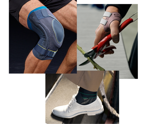 3 Bilder übereinandergelegt, die eine Knöchelorthese, eine Daumenorthese und eine Kniebandage zeigen