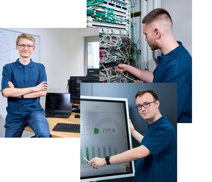 3 Bilder übereinandergelegt, die Azubis aus der IT bei ihrer Arbeit zeigen