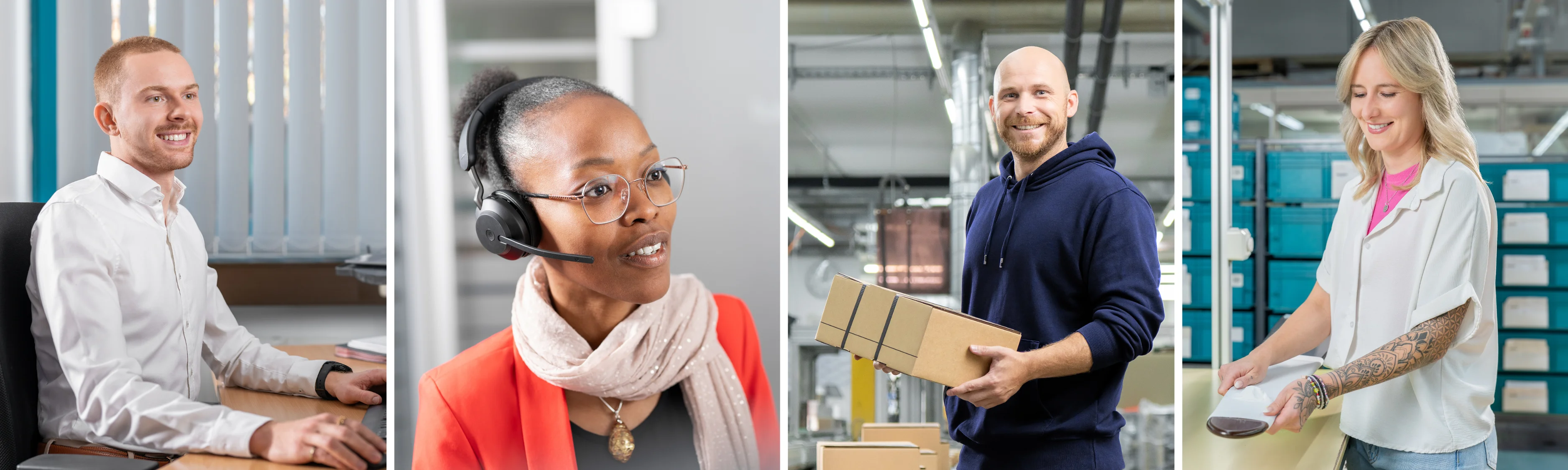 Collage aus vier Mitarbeitenden