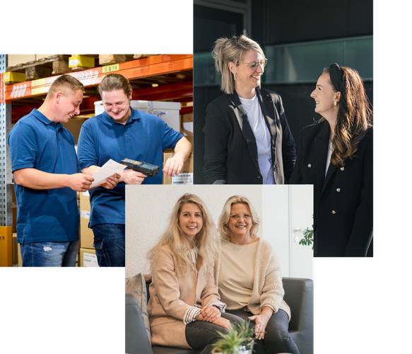 3 Bilder, die je zwei Mitarbeiter miteinander zeigen