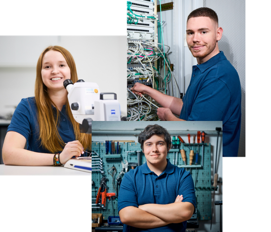 3 Bilder übereinandergelegt, die Azubis bei ihrer Arbeit zeigen