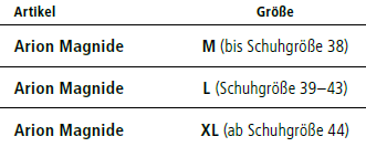 Größentabelle Arion Magnide