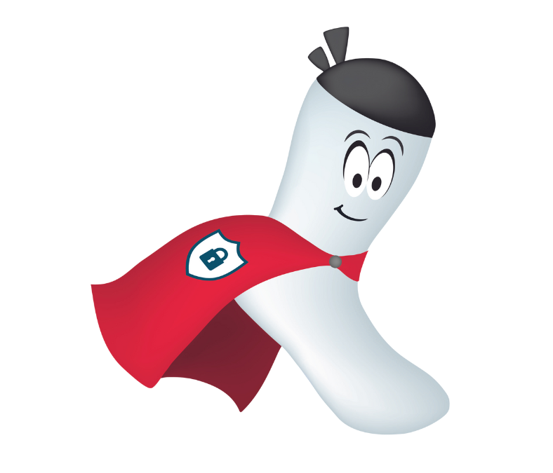 Strumpf mit Superheldenumhang als Maskottchen