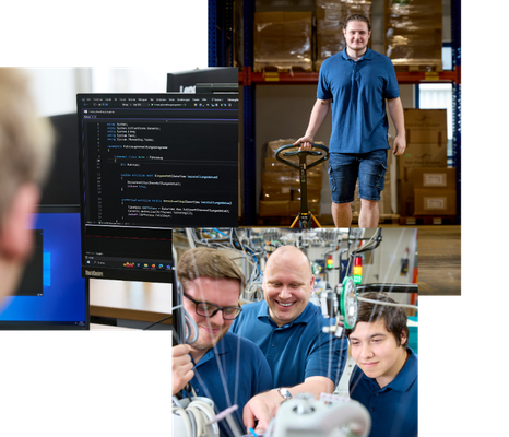 3 Bilder übereinandergelegt, die einen Computerbildschirm, einen Mann mit Hubwagen und 3 Männer an einer Strickmaschine zeigen